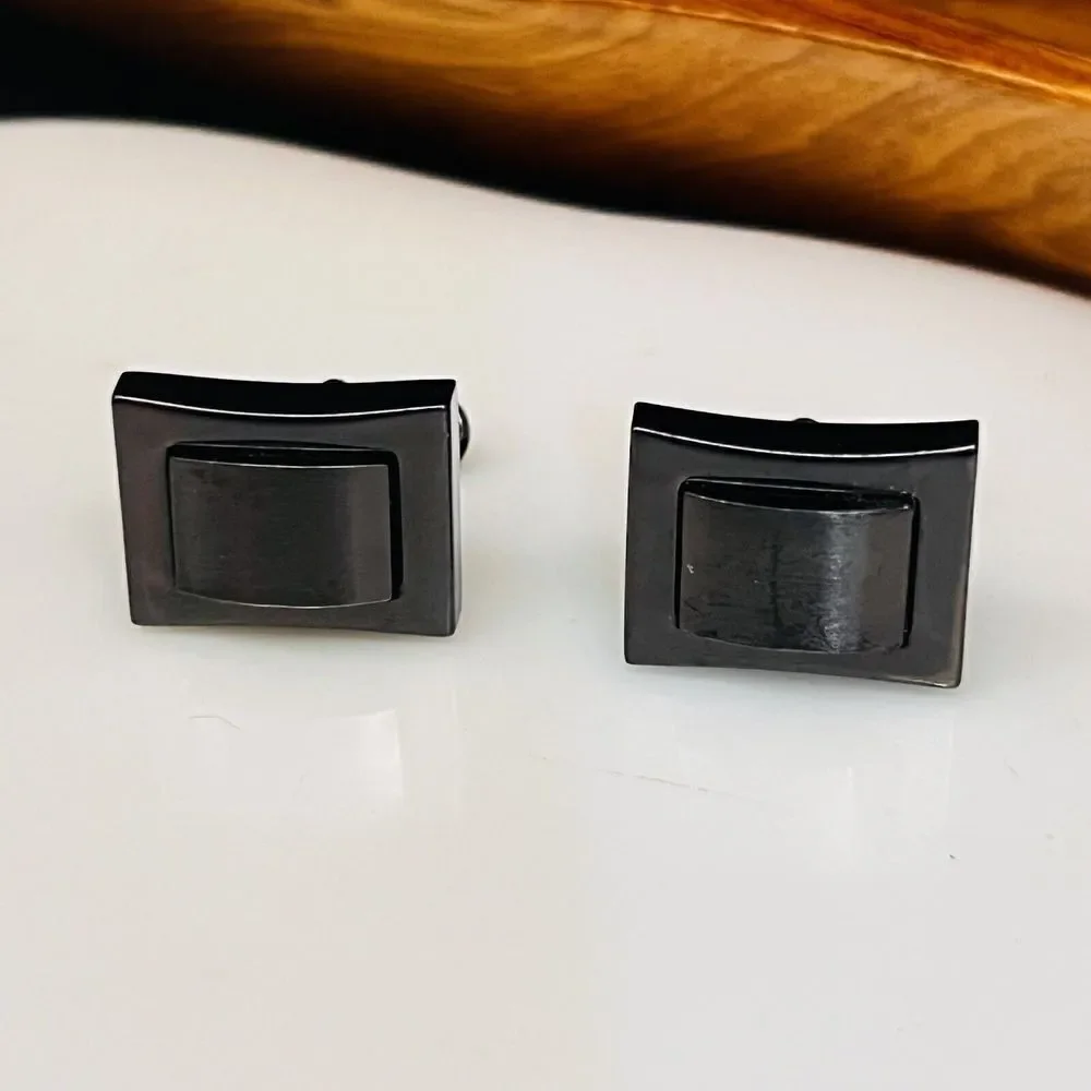 Roundtree & Yorke Cufflinks Gunmetal Black Whale Back Modern Rectangle 1190